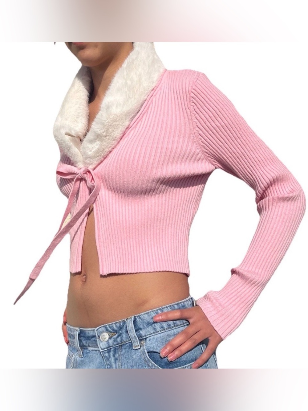 Forever 21 Pink Ribbed V-Neck Tie-Front Sweater with Cream Faux-Fur Collar